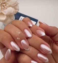 White Tips Chrome Nails, French Tip Crom Nails, French Tip Nails Pink Chrome, Shiny French Manicure, Almond Nail Inspo Chrome, Glaze French Nails, Homecoming Nails Acrylic Almond, Nails 2000 Trends, Homecoming Nail Inspo Short