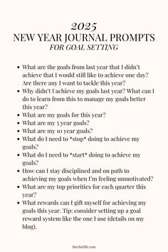 Click for 100 New Year Journal Prompts 2025 to help you have your best year yet. Use these aesthetic new year journal prompts to help get clarity, foster a positive mindset, re-program your subconscious mind, reduce stress, and plan your goals, intentions, and dreams. These inspirational new year journal prompts are great for goal setting and for goal getters. Happy journaling! 2025 Journal Prompts, Plan Your New Era Questions, 2025 Goals Bullet Journal, Goals Setting Ideas, 2025 Goal Setting, New Years Goals Template, Plan Your New Era, 2025 Journal Ideas, Goals For 2025