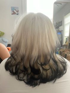 Black And Light Blonde Hair, Black Tip Hair Blonde, Long Hair Frosted Tips, Silver Hair With Black Tips, Bleached Tips Long Hair, Blonde Hair Brown Ends, Silver Hair Black Tips, Platinum Blonde With Black Tips, Grey Hair With Black Tips