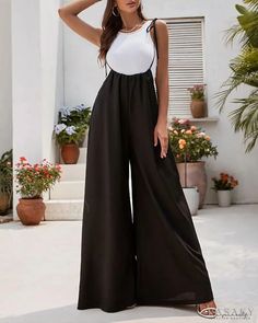 Lasaky - Gathered Strap Wide Leg Jumpsuit Solid Overalls For The Beach, Non-stretch Wide Leg Jumpsuits For Beach, Non-stretch Wide Leg Jumpsuits And Rompers For Beach, Solid Beach Overalls, Black Wide-leg Jumpsuits And Rompers For Summer, Casual Party Overalls, Black Wide Leg Jumpsuits And Rompers For Vacation, Black Wide Leg Jumpsuits And Rompers For Day Out, Black Wide Leg Jumpsuits And Rompers For Beach