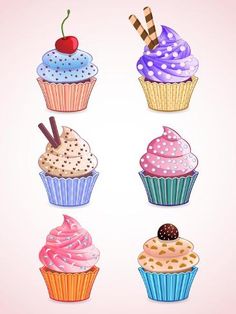 six cupcakes with different toppings on a pink background, each one has a cherry