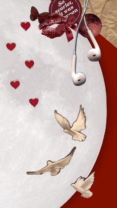 there are many birds flying in the sky with headphones on and hearts floating around