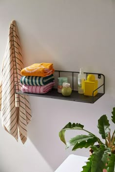 a shelf with towels, soaps and other items on it next to a potted plant