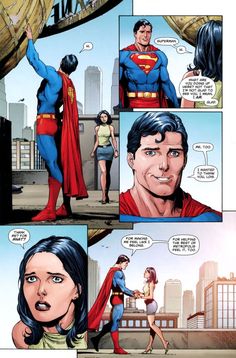 a comic strip with superman and woman in the background