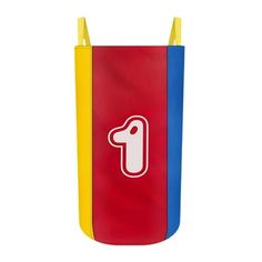 a red, yellow and blue bag with the number one on it's side