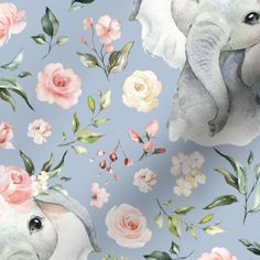 an elephant and flower pattern is shown on a gray background with pink roses, green leaves and white elephants