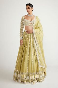 Fern green lehenga with chandelier pearl drop embellishments. Comes with intricately hand embroidered padded blouse and embroidered dupatta.
Components: 3
Pattern: Embellished
Type Of Work: Chandelier Pearl Drop
Neckline: Sweetheart
Sleeve Type: Full
Fabric: Blouse - Georgette, Lehenga and Dupatta - Organza
Color: Green
Other Details: 
Attached lining
Front and back cutout blouse
Scalloped hem
Length:
Blouse: 13.5 inches
Lehenga: 46 inches
Model height: 5ft 6inches, wearing size 34
Occasion: Bri Full Sleeve Lehenga, Pearl Lehenga, Green Chandelier, Green Chandeliers, Bridal Lengha, Lehenga Dupatta, Full Sleeve Blouse, Stunning Fashion, Cutout Blouse