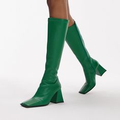 Love These Boots So Much-- Heartbroken They Don't Fit My Athletic Calves. Gorgeous Kelly Green Boots In High Quality Leather. They Do Have A Bit Of Stretch To Them And Are Very Comfortable, Just A Little Too Tight For Me. Spring Knee-high Square Toe Boots, Spring Knee-high Boots With Square Toe, Spring Square Toe Knee-high Boots, Retro Spring Heeled Boots With Pointed Toe, Retro Pointed Toe Boots For Spring, Fall Green Heeled Boots With Reinforced Heel, Green High Ankle Heeled Boots For Spring, Trendy Green High Ankle Heeled Boots, Green Block Heel Boots For Fall