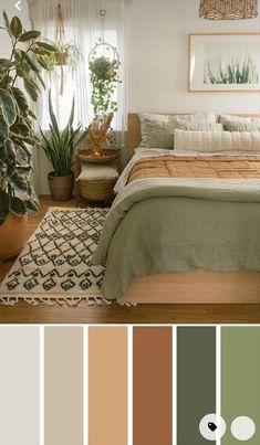 a bedroom with white walls and green plants in the corner, along with neutral colors