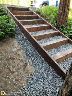 Stairs On A Hill Hillside Landscaping, Steep Front Porch Steps, Landscape Timber Stairs, Outdoor Stairs To Basement, Natural Outdoor Steps, Cabin Stairs Outdoor, Diy Garden Stairs, Deck With Stairs All Around, Hillside Walkway Ideas