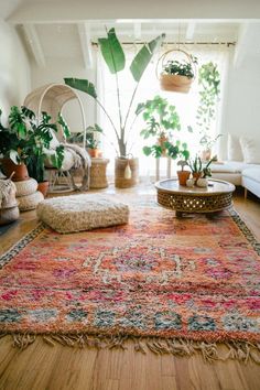 a living room filled with lots of plants and furniture