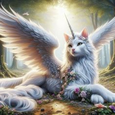 a white cat with wings sitting on the ground in front of trees and flowers, surrounded by butterflies