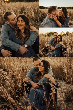 a couple cuddles in the tall grass at sunset