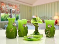 Five Piece lime green artistic design bathroom accessory set.  It includes:  lotion dispenser, soap dish, two tumblers and toothbrush holder. Fairy Bathroom, Frog Bathroom, Resin Bathroom, European Bathroom, Luxurious Fashion, Garden Bathroom, Bathroom Themes, Bathroom Decor Sets, Bathroom Accessories Sets