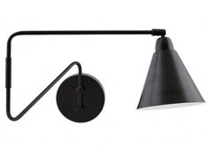 an image of a black wall light with a white shade on the back and arm