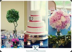 wedding cake with pink flowers and greenery on the top, next to a vase filled with hydrangeas