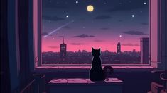 a black cat sitting on top of a window sill looking out at the city