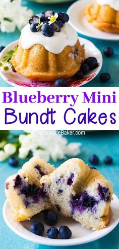 blueberry mini bundt cakes with white frosting and blueberries on top