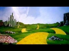 a painting of a yellow road going through green hills