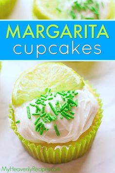 margarita cupcakes with white frosting and green sprinkles on top