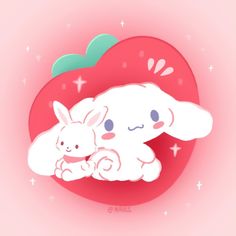 an illustration of a rabbit and a bunny in the shape of a heart on a pink background