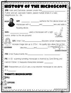 the history of the microscope worksheet is shown in black and white with an image of