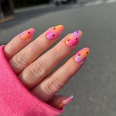 sunset inspired pink orange and purple aura nails with hot pink rhinestone design details accenting each nail Summer Nails For Teens, Nails For Teens, Aura Nails, Airbrush Nails, Colorful Nails, Vacation Nails, Orange Nails, Minimalist Nails, Manicure Y Pedicure