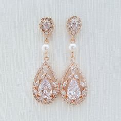 Rose Gold Bridal Earrings Wedding Jewelry Cubic by poetryjewelry Rose Gold Cubic Zirconia Wedding Earrings, Rose Gold Cubic Zirconia Earrings For Wedding, Elegant Rose Gold Earrings For Wedding, Elegant Rose Gold Chandelier Earrings With Cubic Zirconia, Rose Gold Cubic Zirconia Bridal Earrings For Anniversary, Elegant Rose Gold Bridal Earrings For Wedding, Party Rose Gold Pearl Earrings With Cubic Zirconia, Elegant Rose Gold Teardrop Earrings With Cubic Zirconia, Elegant Rose Gold Bridal Earrings With Elegant Design