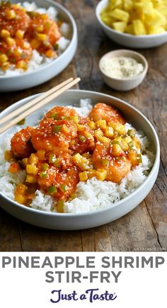 pineapple shrimp stir - fry with white rice and chopsticks on the side