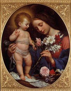 a painting of a woman holding a baby with flowers in her lap and looking at it