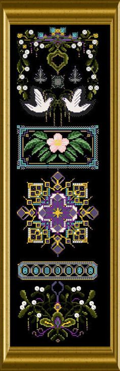 a cross stitch pattern with birds, flowers and other things in gold framed on a black background