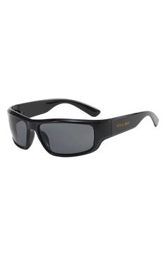 Polarized lenses mean color-true clarity in sporty sunglasses that fuse style and function. 61mm lens width; 18mm bridge width; 124mm temple length 100% UV protection Polycarbonate Imported Black Rectangular Shield Sunglasses With Uv Protection, Rectangular Black Shield Sunglasses With Uv Protection, Black Rectangular Sunglasses For Outdoor Activities, Black Rectangular Shield Sunglasses With Anti-reflective Coating, Matte Black Rectangular Shield Sunglasses With Anti-reflective Coating, Classic Black Shield Sunglasses, Sporty Black Shield Sunglasses In Polycarbonate, Sporty Black Polycarbonate Shield Sunglasses, Rectangular Sports Sunglasses With Tinted Lenses