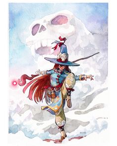 a watercolor painting of a woman dressed as a pirate with a skull in the background