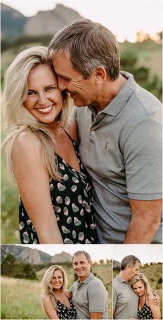 a man and woman hugging each other in an open field