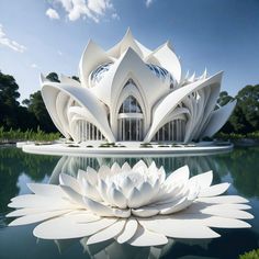 a large white flower sitting on top of a body of water next to a building