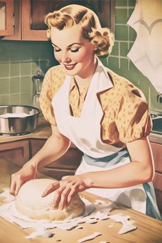 a woman in an apron is making bread