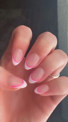 Gel Extensions Ideas, Two Tone Pink French Nails, Almond Nails Designs Simple, Basic Nails Almond, Nail Inspo Almond French Tip, Basic Acrylic Nail Designs, Bright French Tip Nails, Solid Color Almond Nails, Clean Summer Nails