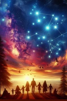 the family is holding hands as they walk through the night sky with stars above them