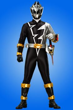 a man in a black and silver power ranger costume standing with his hands on his hips