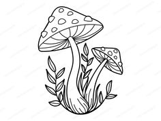 a black and white drawing of two mushrooms