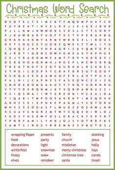 the christmas word search is shown in red and green