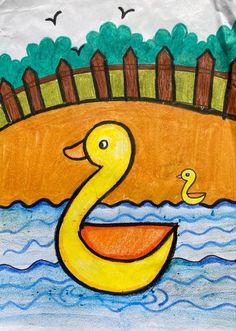 a child's drawing of a yellow duck in the water next to a fence