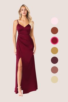 a woman in a long red dress with different colors and shapes to choose from, including the