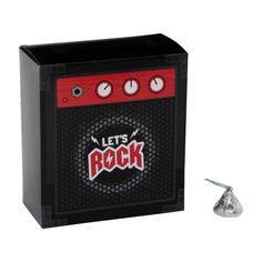 a black and red box with the words let's rock on it next to a silver object