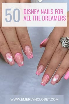 Disney nails + summer disney nails + disney nail designs Disney Nails With Rhinestones, Disney Coffin Nails, Pink Mickey Nails, Disney Nails Acrylic Square, Disney Spring Nails, French Tip Disney Nails, Mickey Nail Designs, Disney Toe Nail Designs, Disney French Tip Nails