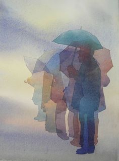 two people are standing under an umbrella in the rain with their shadows projected on them