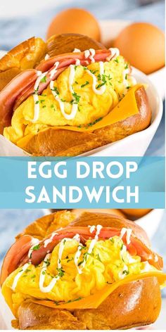 an egg drop sandwich on a plate with eggs in the background and two pictures showing it