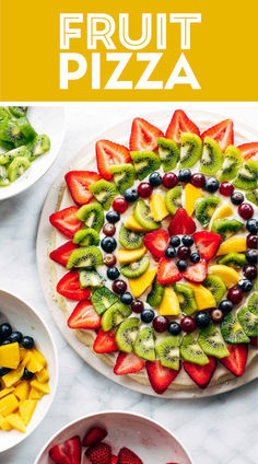 A plate filled with a fruit pizza that looks like a sunflower with an outer circle of sliced strawberries, then kiwi, then blueberries and grapes, then mango and kiwi, a small five star of strawberries in the center and six blueberries fill the star and it is all on top of a sugar cookie crust with cream cheese frosting. Fruit Pizza Designs, Healthy Fruit Pizza, Soft Sugar Cookie, Sliced Fruit, Easy Fruit Pizza, Dessert Summer, Sugar Cookie Crust, Fruit Pizza Recipe, Soft Sugar