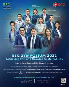 an advertisement for the esg symposium 2012 showing several people in suits and ties, all smiling