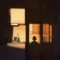 the shadow of a person standing in a kitchen